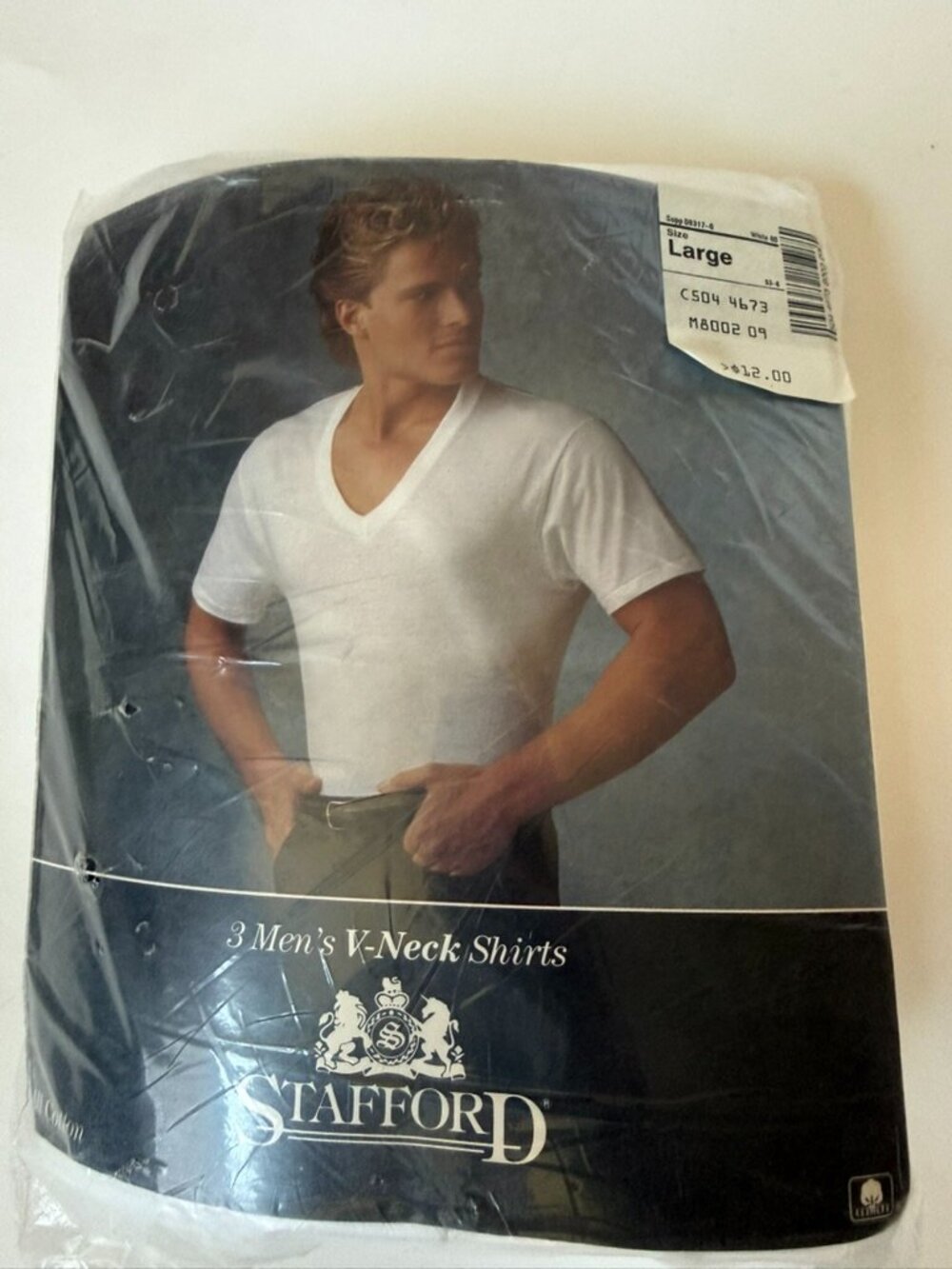 Stafford Mens L 42-44 Vintage V-neck Shirts Tee White T Combed Cotton NOS 3-pack